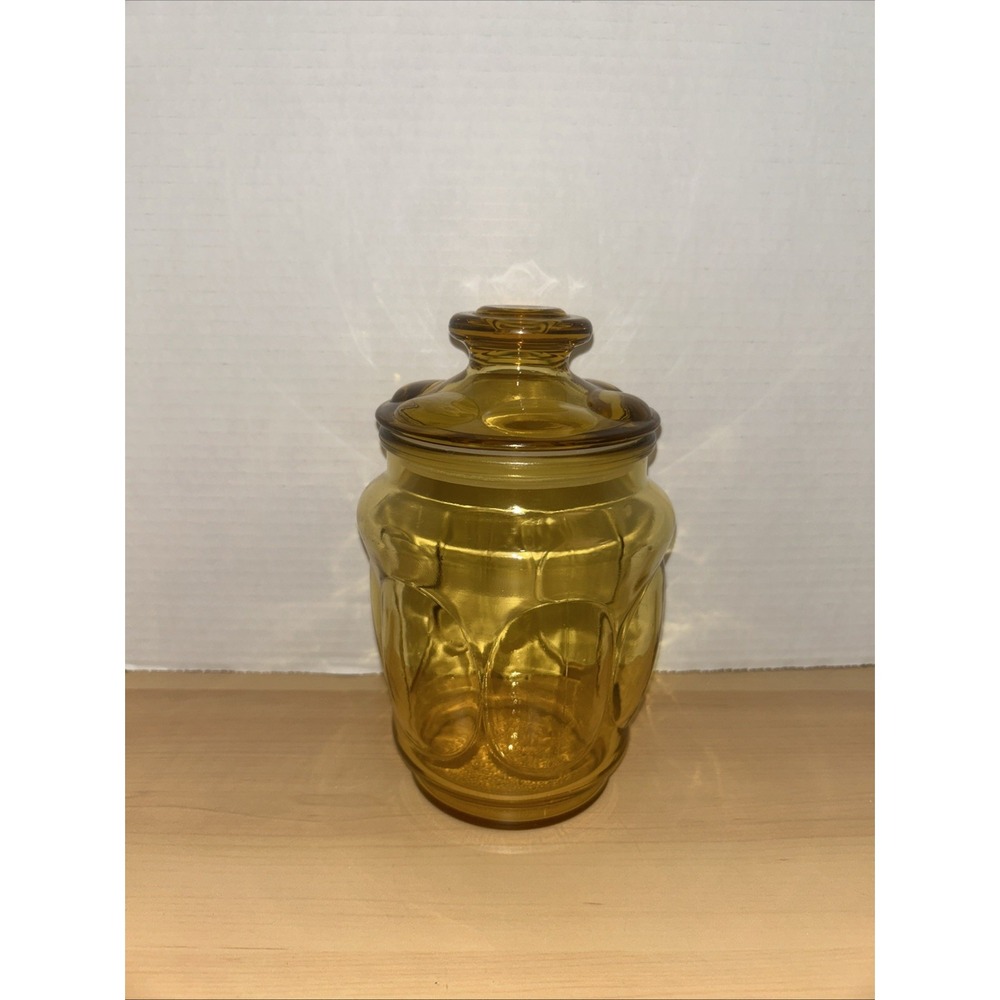 Vtg L.E. Smith Apothecary‎ Candy Canister Jar w Lid Amber Bubble Glass